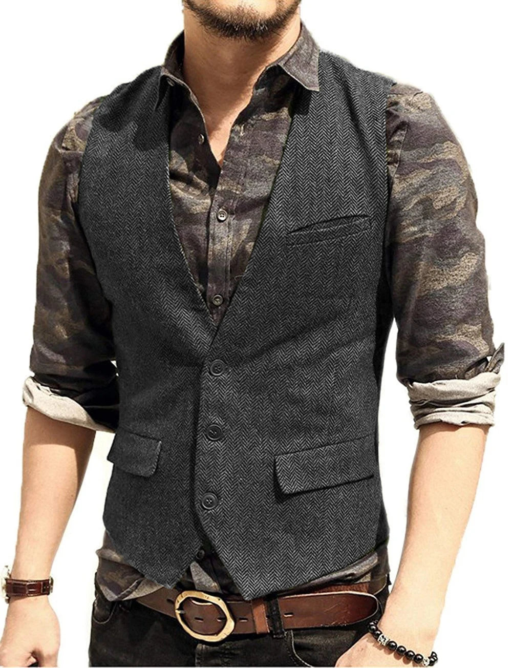 SOLOVEDRESS Men's Herringbone Tweed Vest for Business and Formal Wear