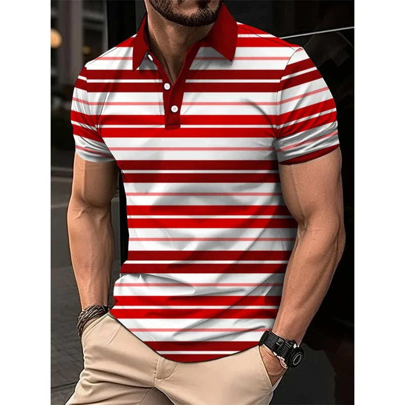 Mens Color Block Striped Polo Shirt Short Sleeve Knit Top