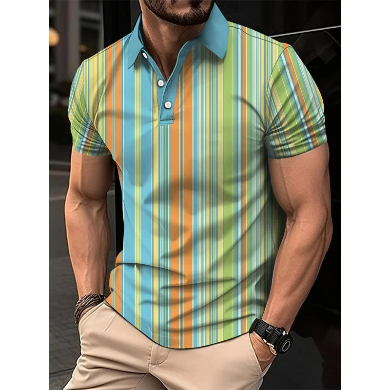 Mens Color Block Striped Polo Shirt Short Sleeve Knit Top