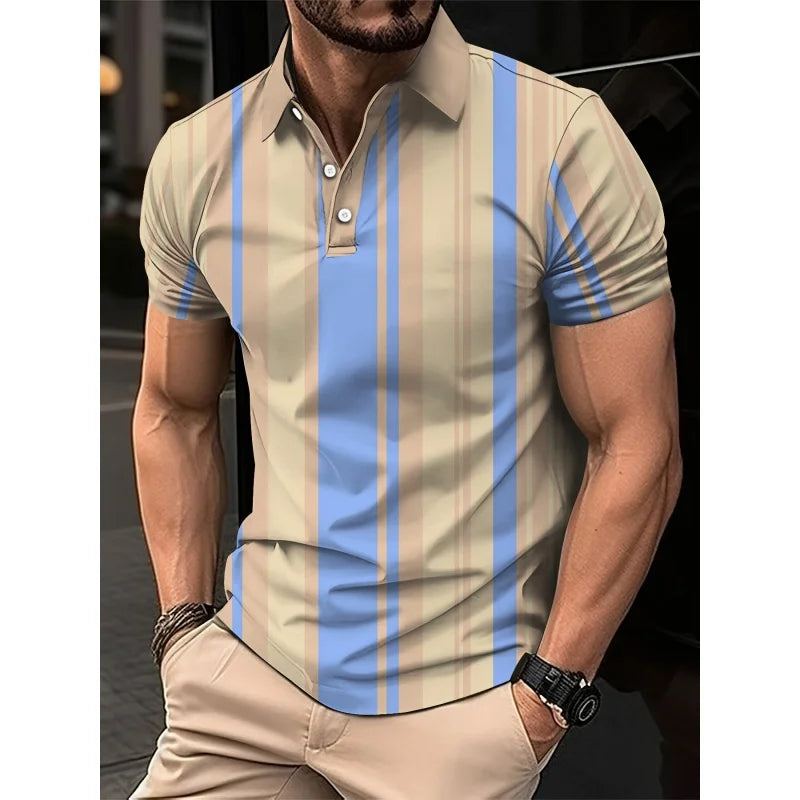 Mens Color Block Striped Polo Shirt Short Sleeve Knit Top