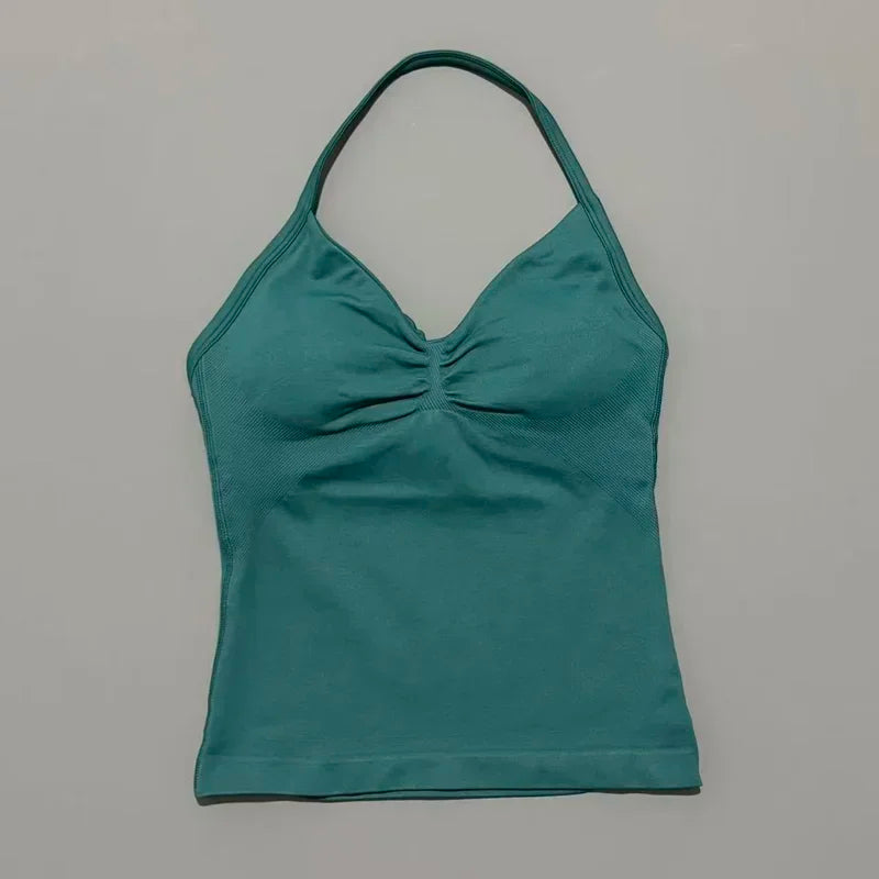 Seamless Halter Neck Workout Tank With Built In Shelf Bra