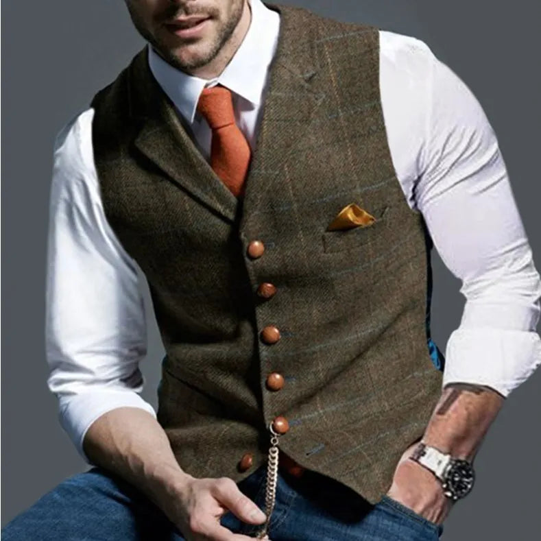 Multi Colors Men's Tweed Plaid Waistcoat Slim Fit Notch Lapel Suit Vest Casual Formal Hybrid Gilet with Pocket Chain Detail