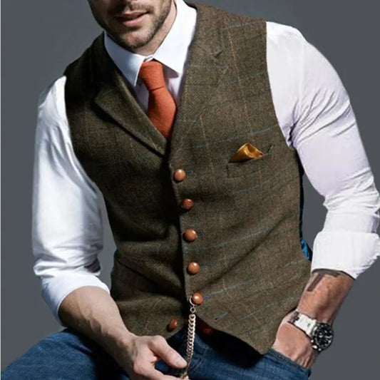 Multi Colors Men's Tweed Plaid Waistcoat Slim Fit Notch Lapel Suit Vest Casual Formal Hybrid Gilet with Pocket Chain Detail