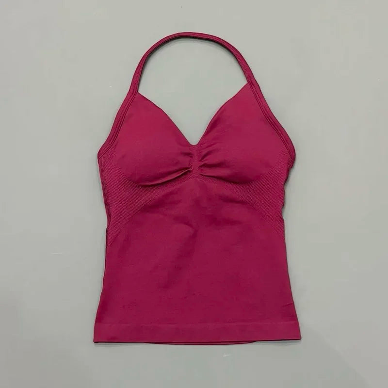 Seamless Halter Neck Workout Tank With Built In Shelf Bra