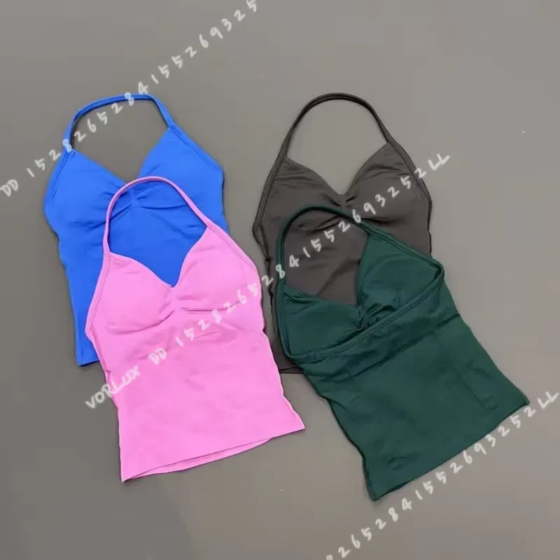 Seamless Halter Neck Workout Tank With Built In Shelf Bra