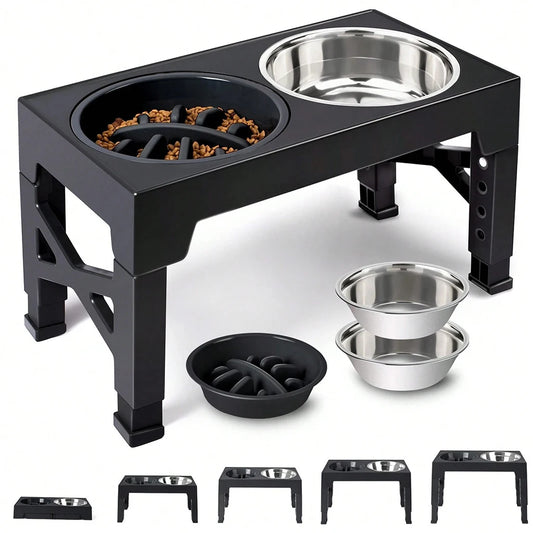 Adjustable Dog Feeder With Slow Feeder And Stainless Steel Bowls