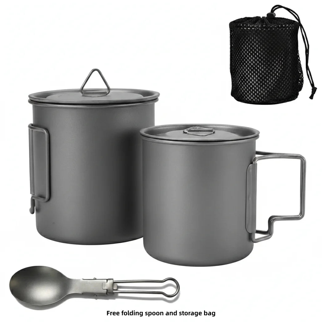 Titanium Camping Cookware Set With Folding Mug And Portable Pot