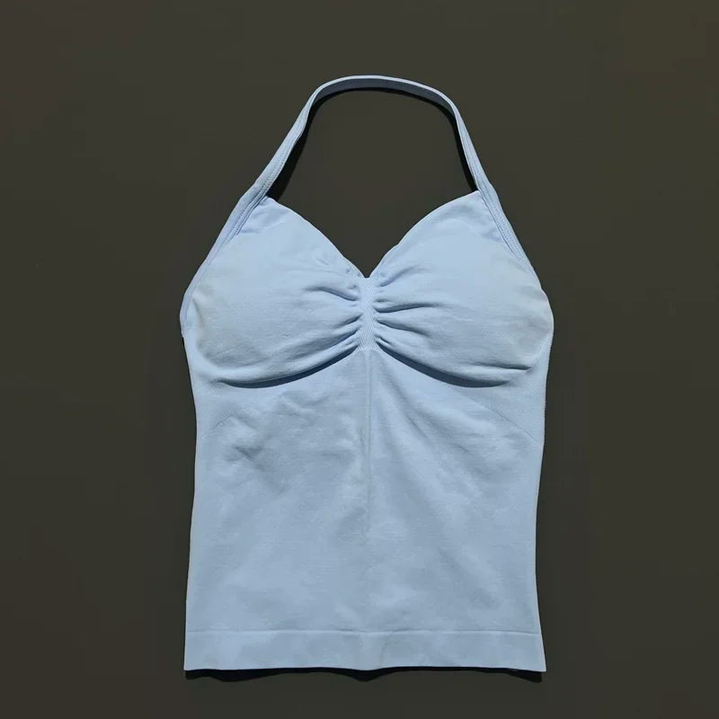 Seamless Halter Neck Workout Tank With Built In Shelf Bra
