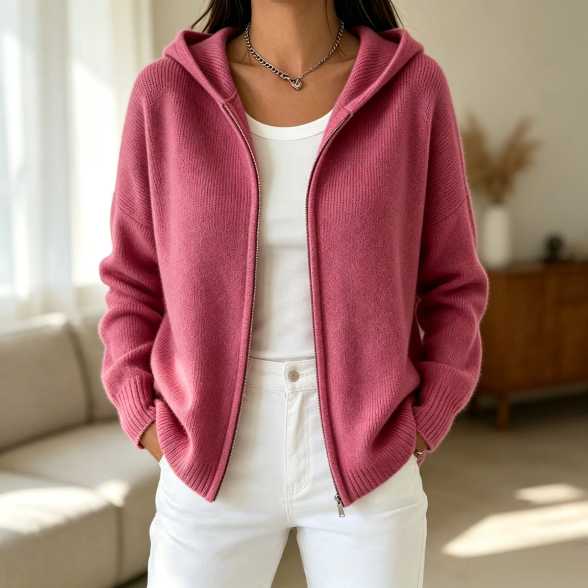 SCACTO Women's Hooded Zip Knit Cardigan With Pockets
