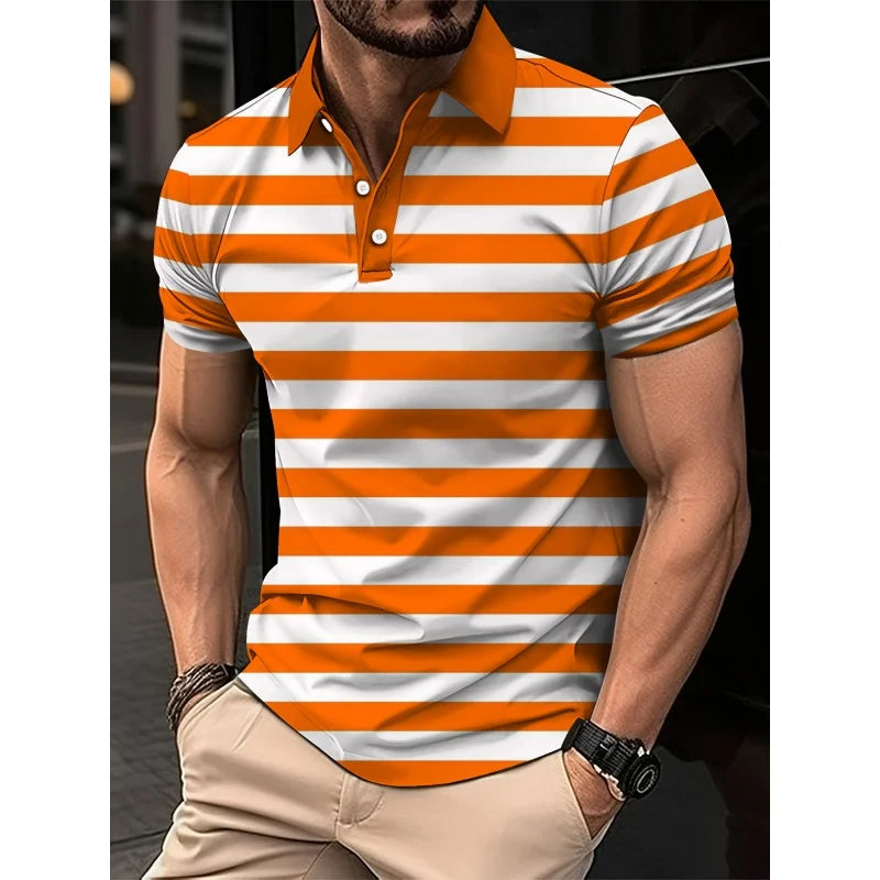 Mens Color Block Striped Polo Shirt Short Sleeve Knit Top
