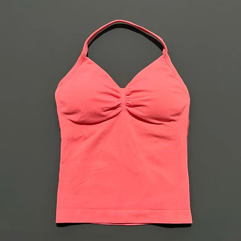 Seamless Halter Neck Workout Tank With Built In Shelf Bra