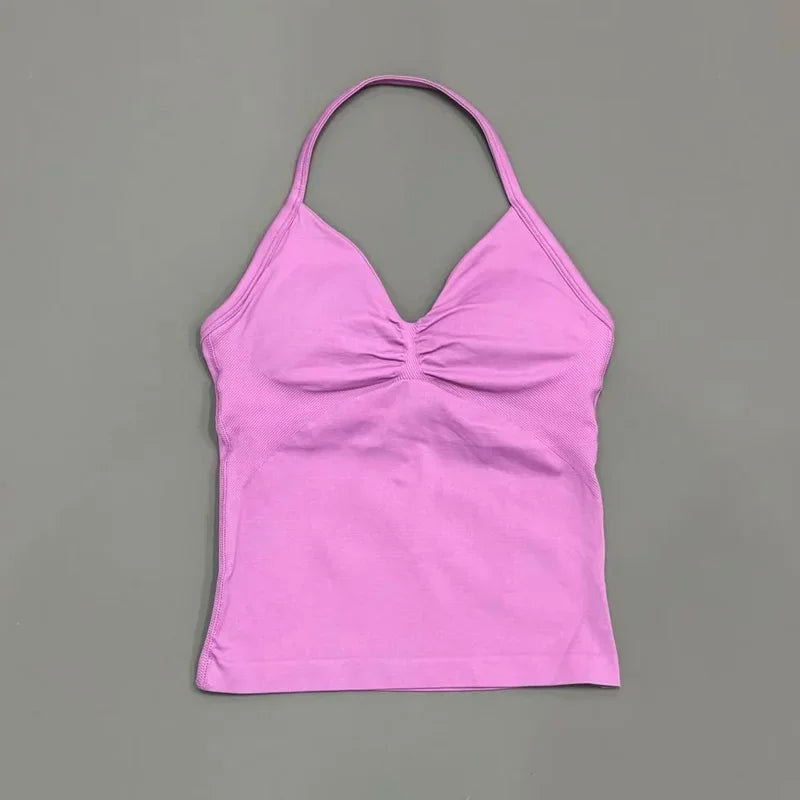Seamless Halter Neck Workout Tank With Built In Shelf Bra