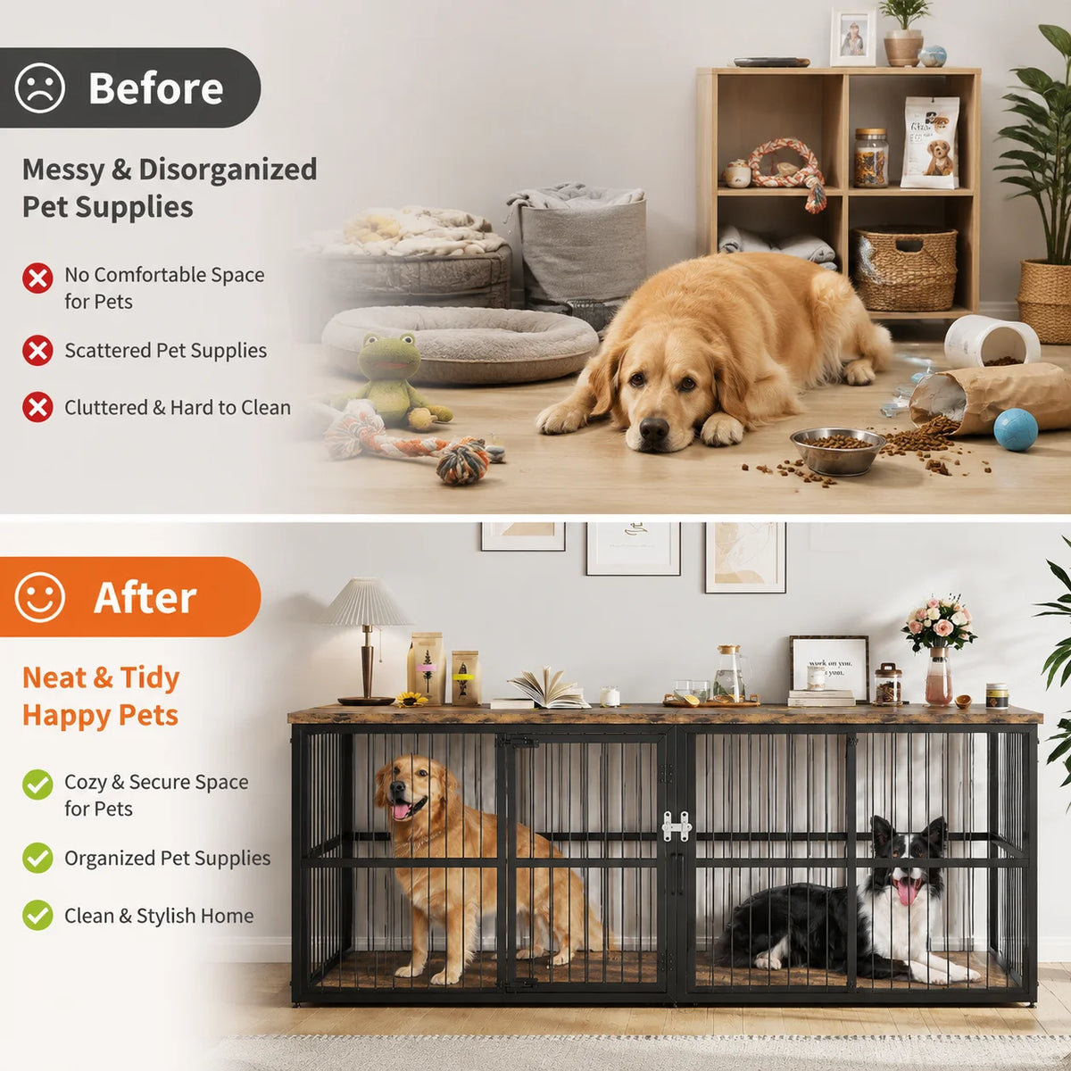 Double Dog Crate Furniture With Divider And Storage Cabinet