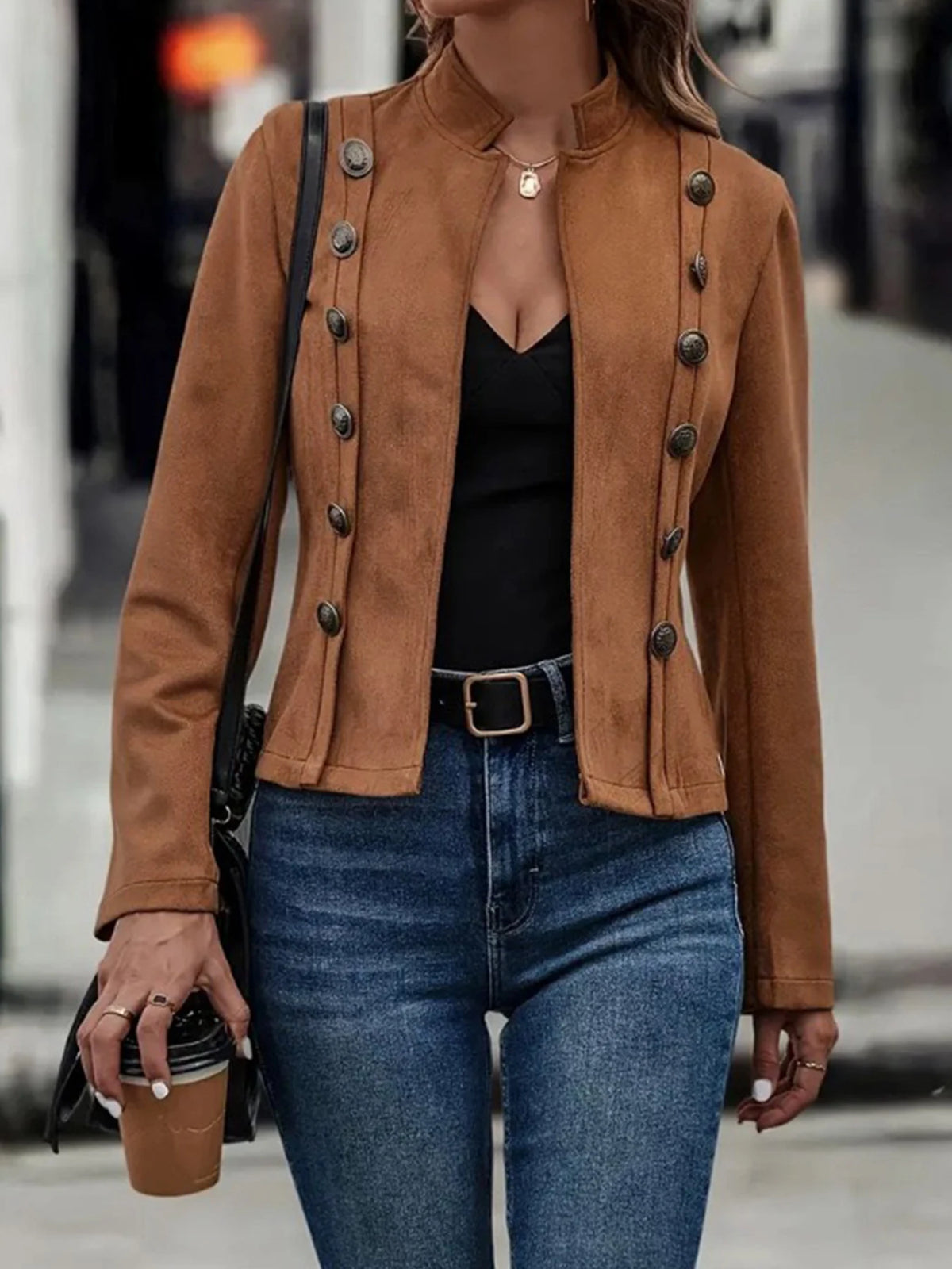 Womens Double Breasted Casual Jacket With Turn Down Collar
