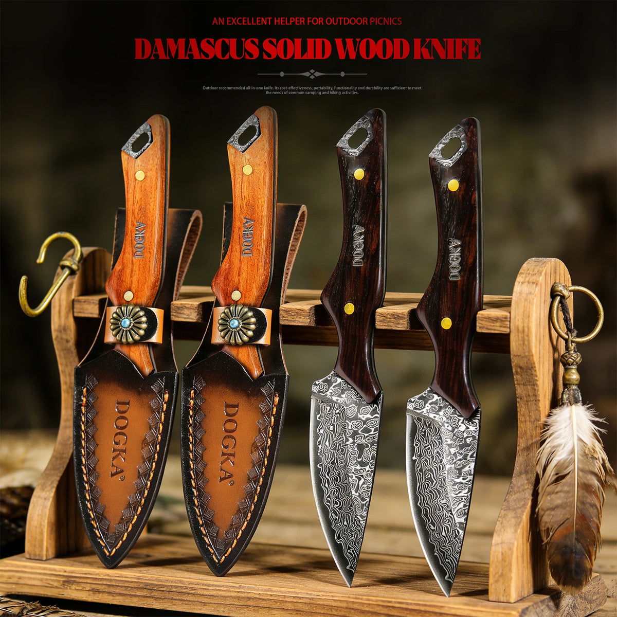 Handmade Damascus Hunting Knife, Full Tang Fixed Blade Camping Knife with Leather Sheath