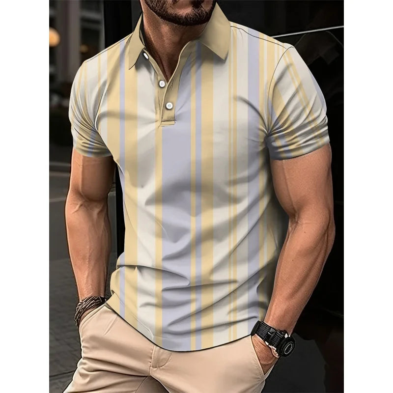Mens Color Block Striped Polo Shirt Short Sleeve Knit Top