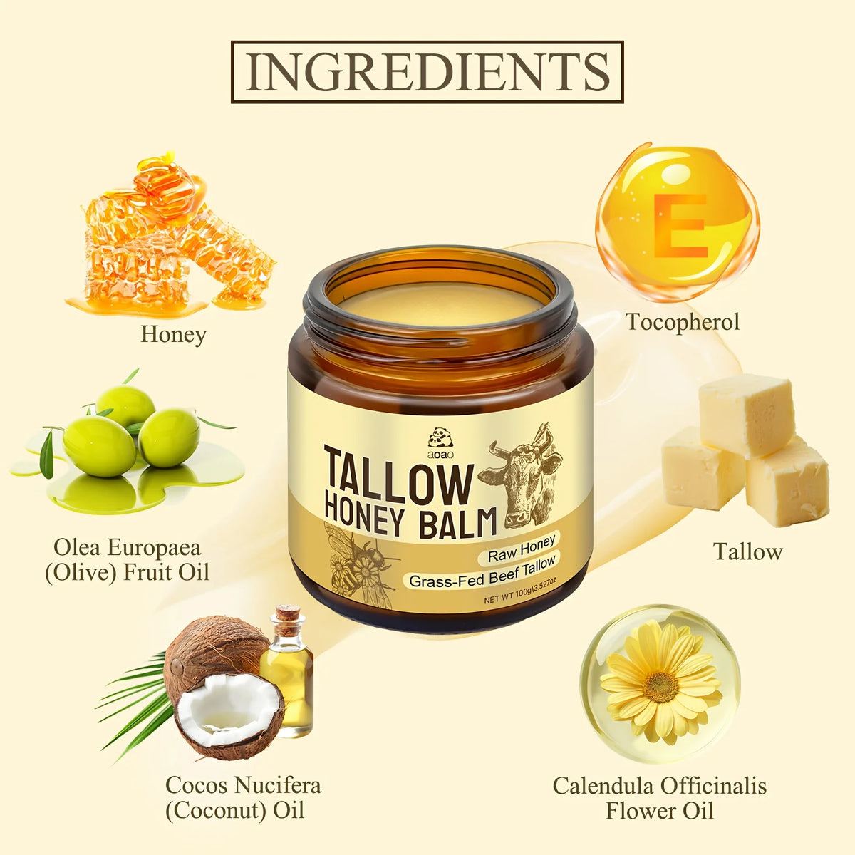 Aoao Grass Fed Tallow Balm With Honey For Face