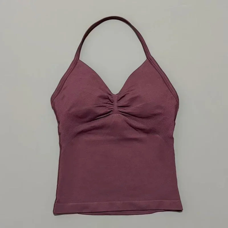 Seamless Halter Neck Workout Tank With Built In Shelf Bra