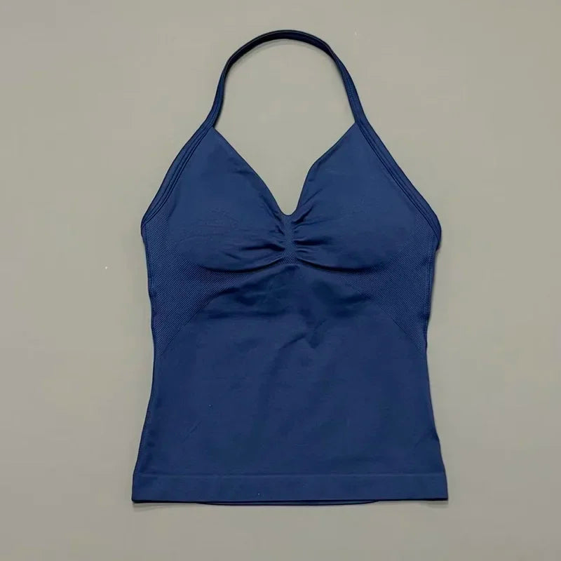 Seamless Halter Neck Workout Tank With Built In Shelf Bra