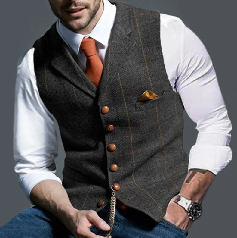 Multi Colors Men's Tweed Plaid Waistcoat Slim Fit Notch Lapel Suit Vest Casual Formal Hybrid Gilet with Pocket Chain Detail