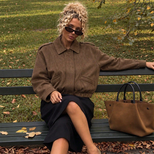 Womens Solid Suede Bomber Jacket With Zipper And Lapel Collar