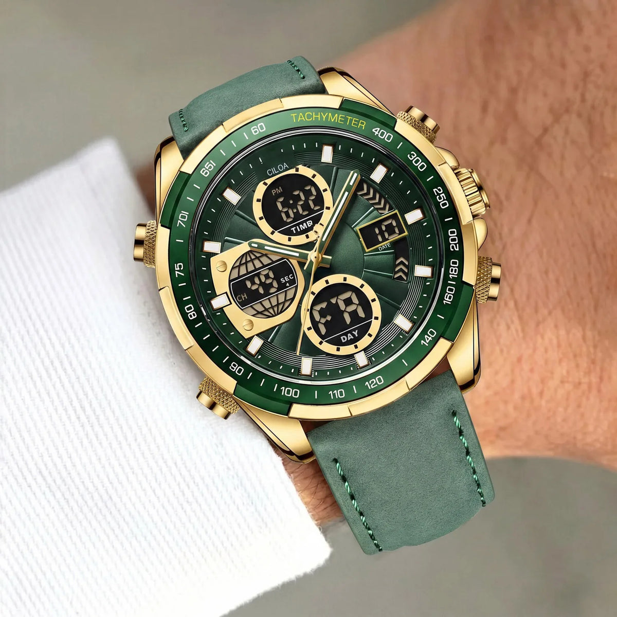Men Dual Display Digital Analog Watch Green Suede Leather Strap Tachymeter Bezel Waterproof Military Outdoor Multifunctional Sports Quartz Wristwatch for Men