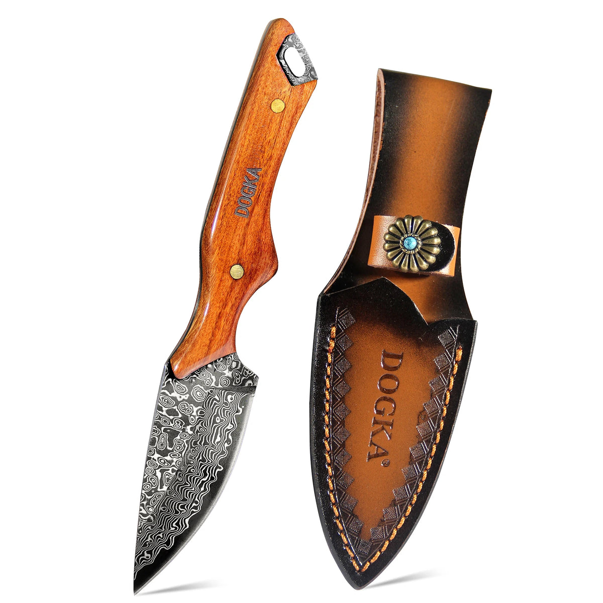 Handmade Damascus Hunting Knife, Full Tang Fixed Blade Camping Knife with Leather Sheath