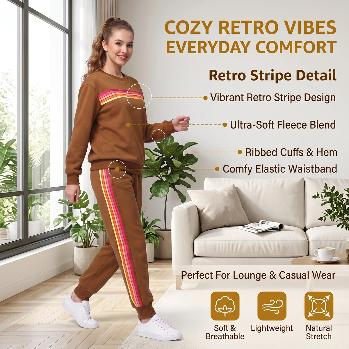 Women's Retro Rainbow Striped Pullover and Jogger Pants Set