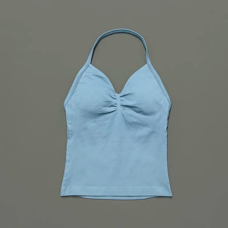 Seamless Halter Neck Workout Tank With Built In Shelf Bra