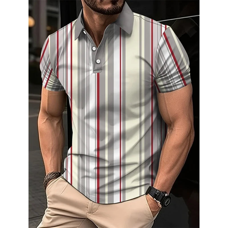 Mens Color Block Striped Polo Shirt Short Sleeve Knit Top