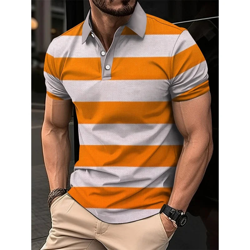 Mens Color Block Striped Polo Shirt Short Sleeve Knit Top