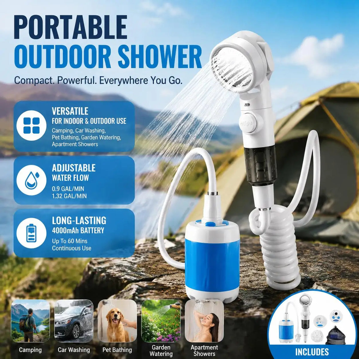 Portable Rechargeable Handheld Pet Shower Sprayer for Outdoor Bathing